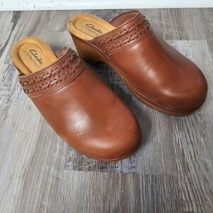 Clarks Collection Tan Brown Leather Platform Clog Mule Braided Trim Scandi 7.5W